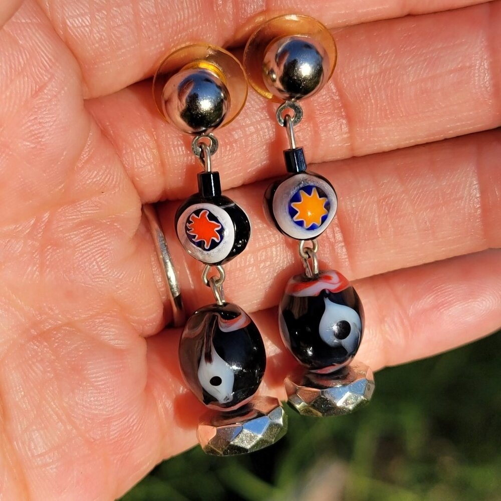 Vintage Handmade Italian Millefiori Glass Silver Dangling Earrings